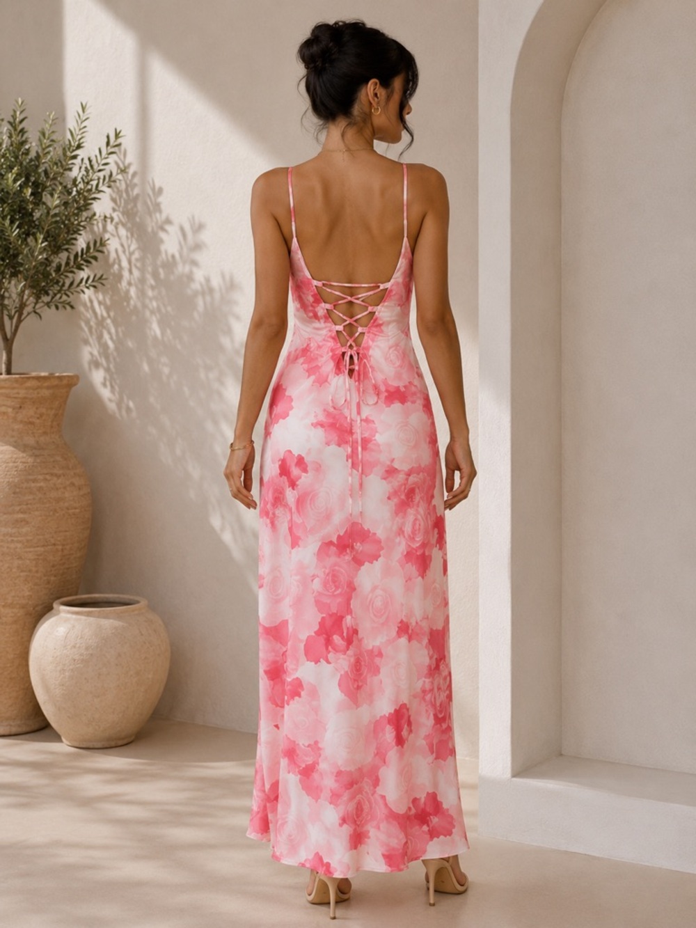 Floral Pink Lace-Up Back Slip Dress
